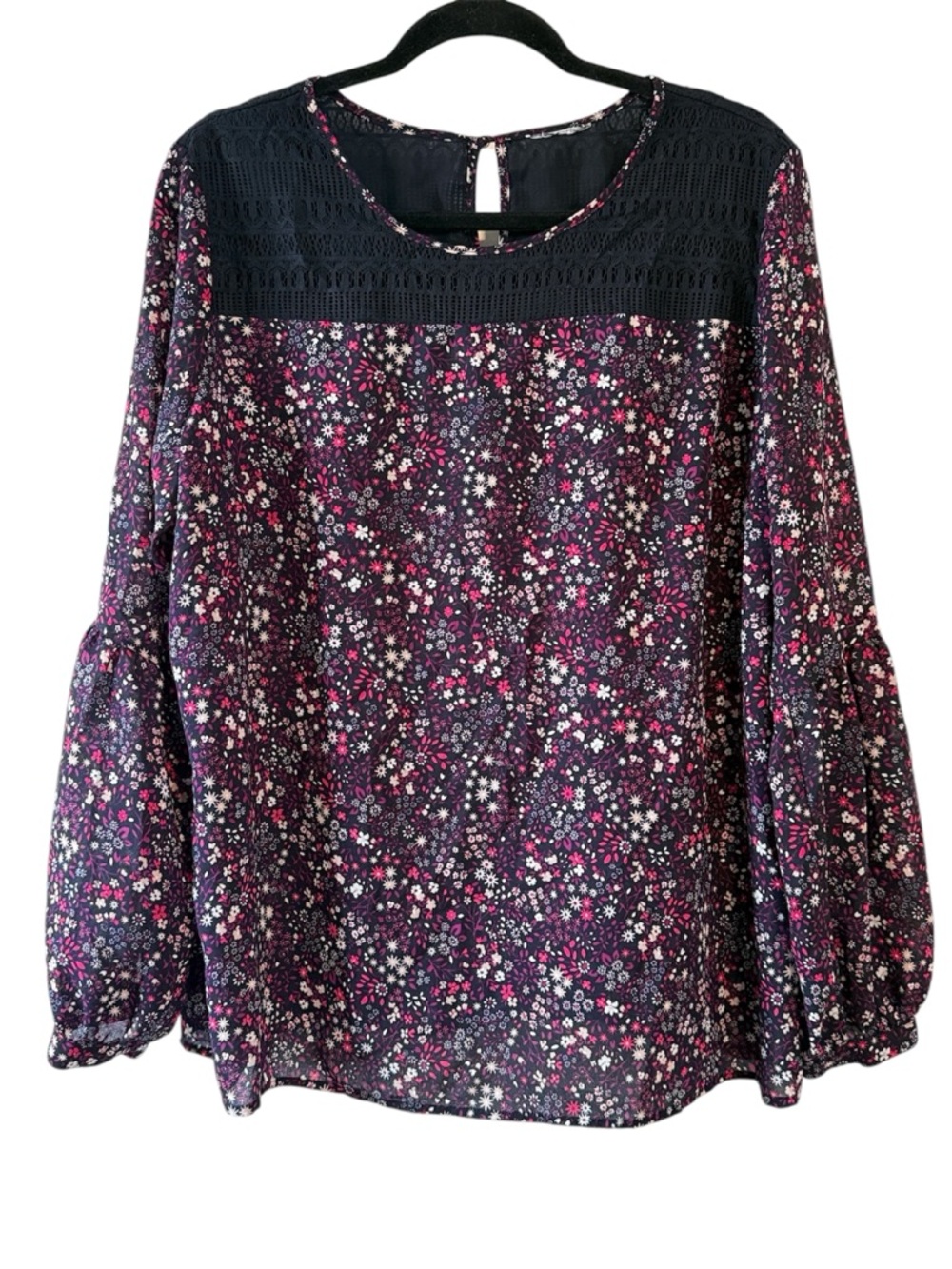 🖤 Floral Balloon Sleeve Blouse with Lace Detail (see measurements - tag cut out)